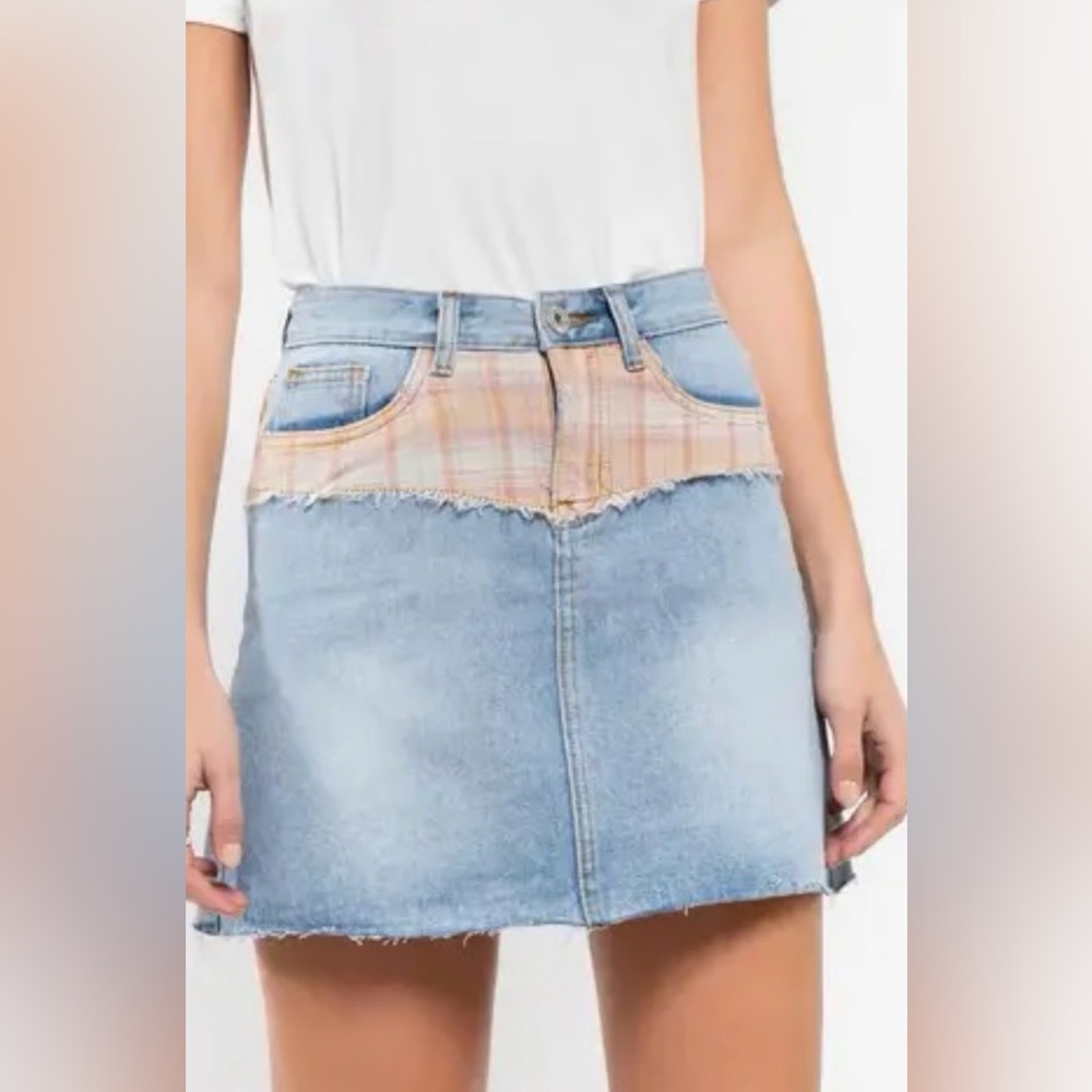 🛍️NWOT POL Small Denim and Plaid Mini Skirt